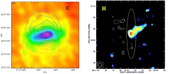 Left: CO(1-0) gas velocity distribution map obtained by Plateau de Bure radio interferometer (gas moving away from the observer is in red and towards the observer  in blue). Right: HI map detected by VLA shows the dilution of atomic hydrogen in the interstellar medium.