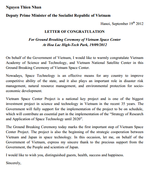 Letter of Congratulation for Ground Breaking Ceremony of Vietnam Space Center Project from Deputy Prime Minister Nguyen Thien Nhan